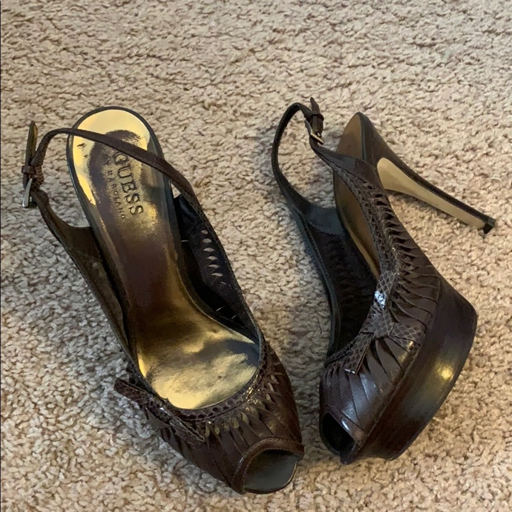 Guess Karavi Brown Leather Peep-Toe Slingback Platform Heels Sz 7.5M